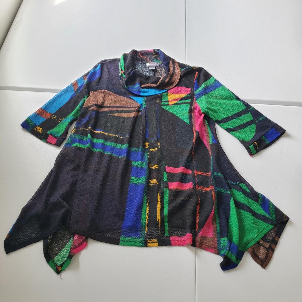 Damee Inc Tunic Top Womens XL Multicolor Abstract Cowl Neck Hanky Hem Boho